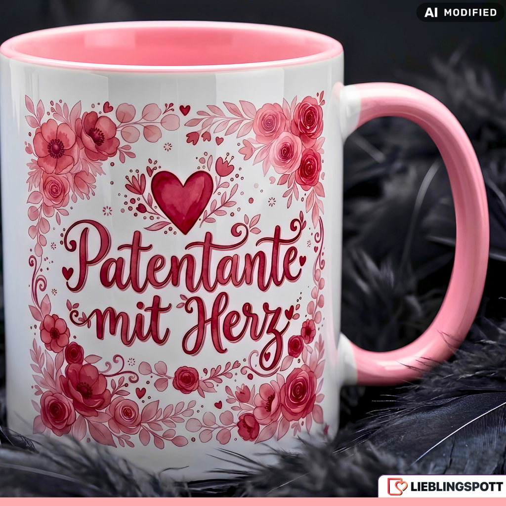 Patentante Tasse mit Herz Spruch Geschenk Geburtstag Rosa Becher 330mla