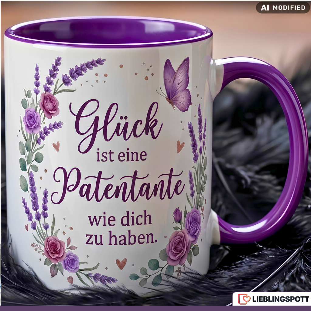 Patentante Tasse Spruch Glück Geschenk Danke Geburtstag Lila Becher 330ml