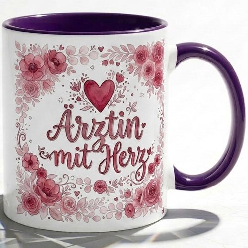 Ärztin Tasse Spruch Ärztin mit Herz – Geschenk für Medizinerin Doktorin Medizinstudium Promotion Abschied – Kaffeetasse Blumen – Keramik Becher Weiß Rosa 330ml