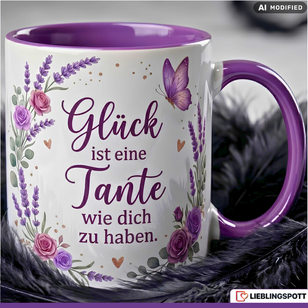 Tante Tasse Spruch Glück Geschenk Danke Geburtstag Lila Becher 330ml