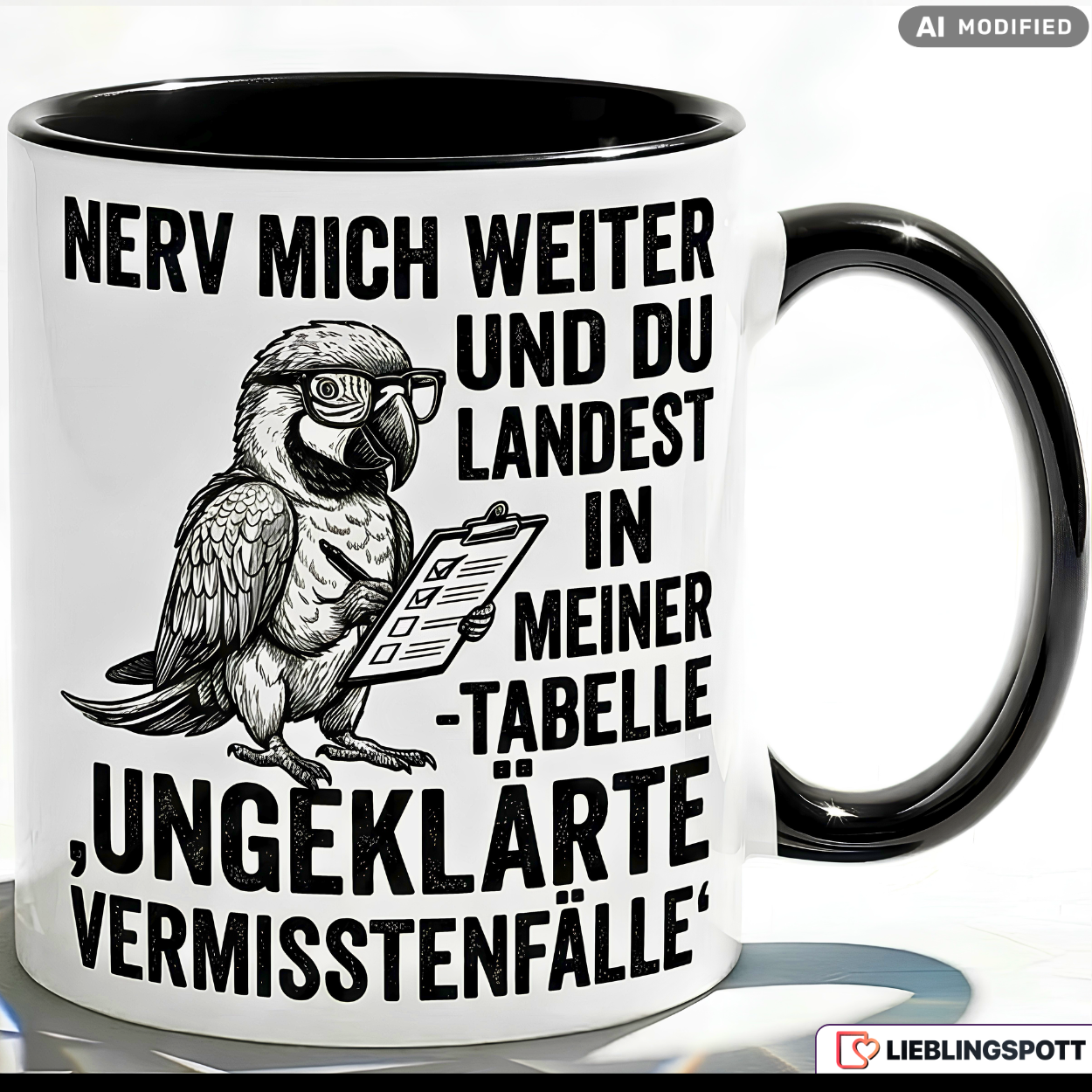 Papagei Tasse Spruch Büro Geschenk Kollege Schwarzer Becher 330ml