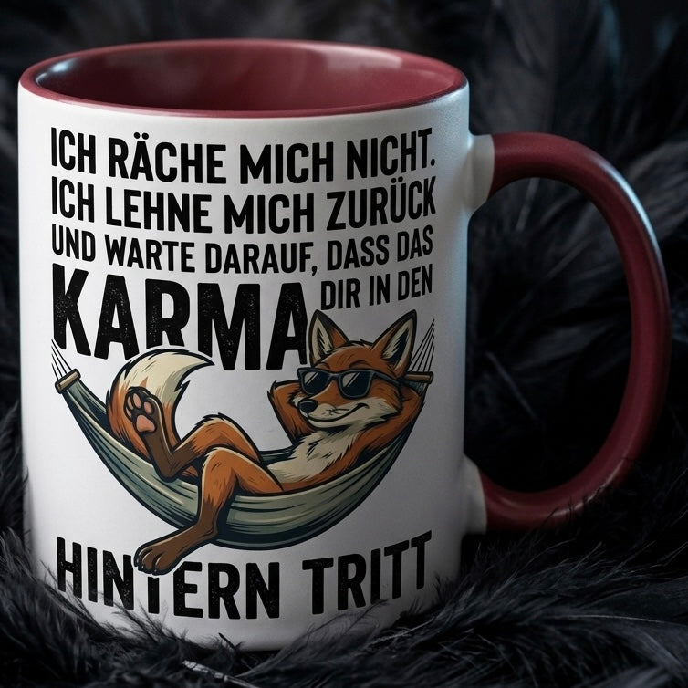 Lustige Fuchs Tasse Spruch Ich räche mich nicht Karma regelt das Hintern Tritt – Witzige Kaffeetasse Büro Arbeit Job Humor Sarkasmus – Geschenk Kollegen Chef – Keramik Becher 330ml