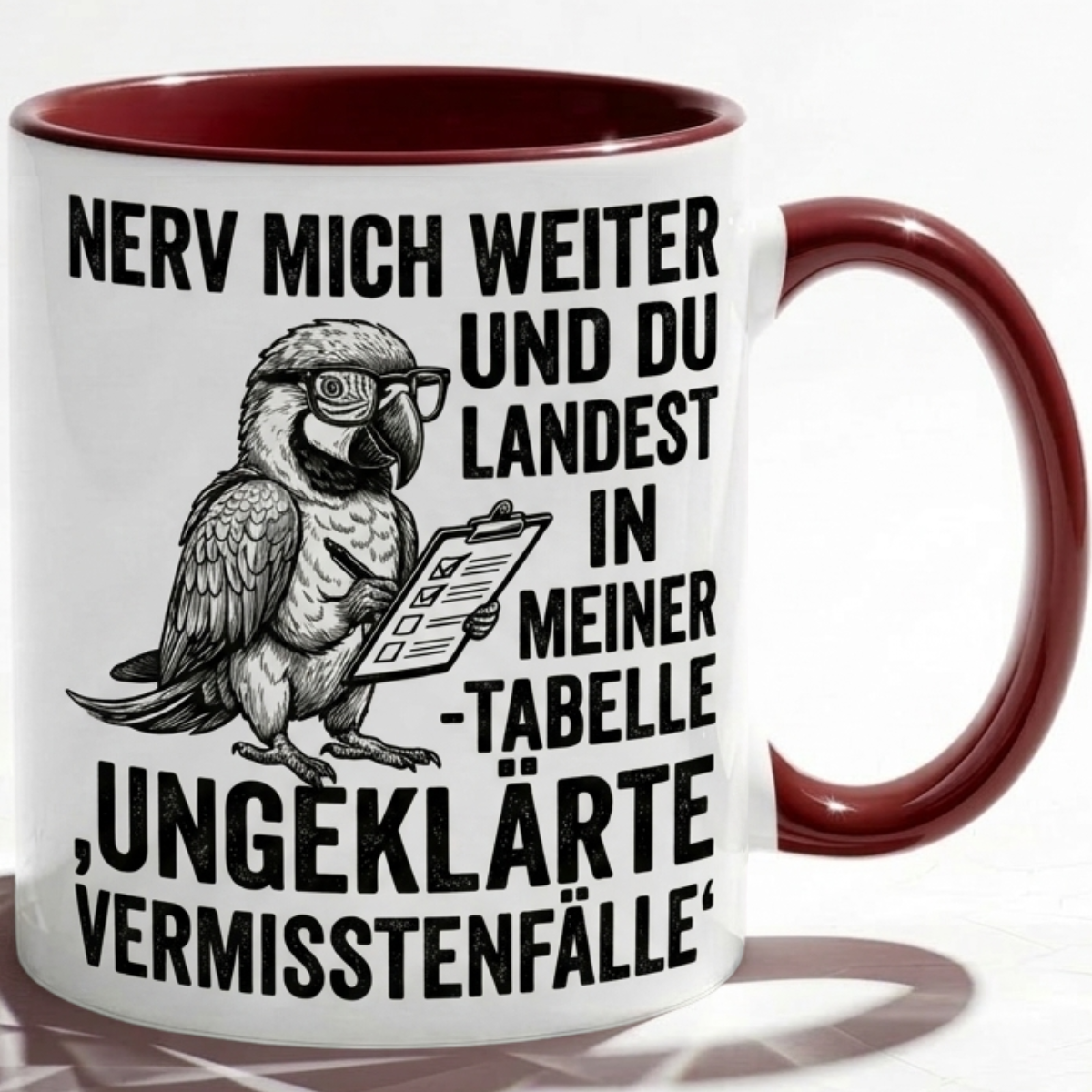 Lustige Papagei Tasse Spruch Nerv mich weiter und du landest in meiner Tabelle – Witzige Kaffeetasse Büro Arbeit Job Finanzen Controlling – Geschenk Kollegen – Keramik 330ml