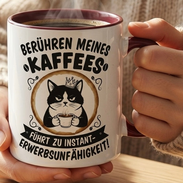 Lustige Katze Tasse Spruch Berühren meines Kaffees führt zu instant Erwerbsunfähigkeit – Witzige Kaffeetasse Büro Arbeit Job Humor – Geschenk Kollegen – Keramik Becher 330ml