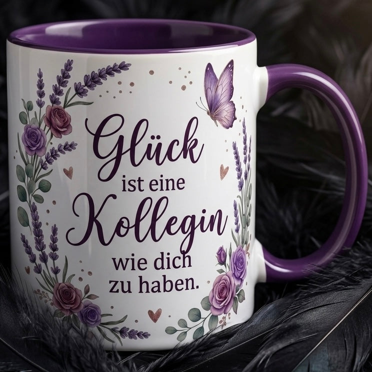 Kollegin Tasse Spruch Glück ist eine Kollegin wie dich zu haben – Geschenk Büro Arbeit Geburtstag Danke Abschied Jobwechsel – Kaffeetasse Lavendel – Keramik Becher Weiß Lila 330ml