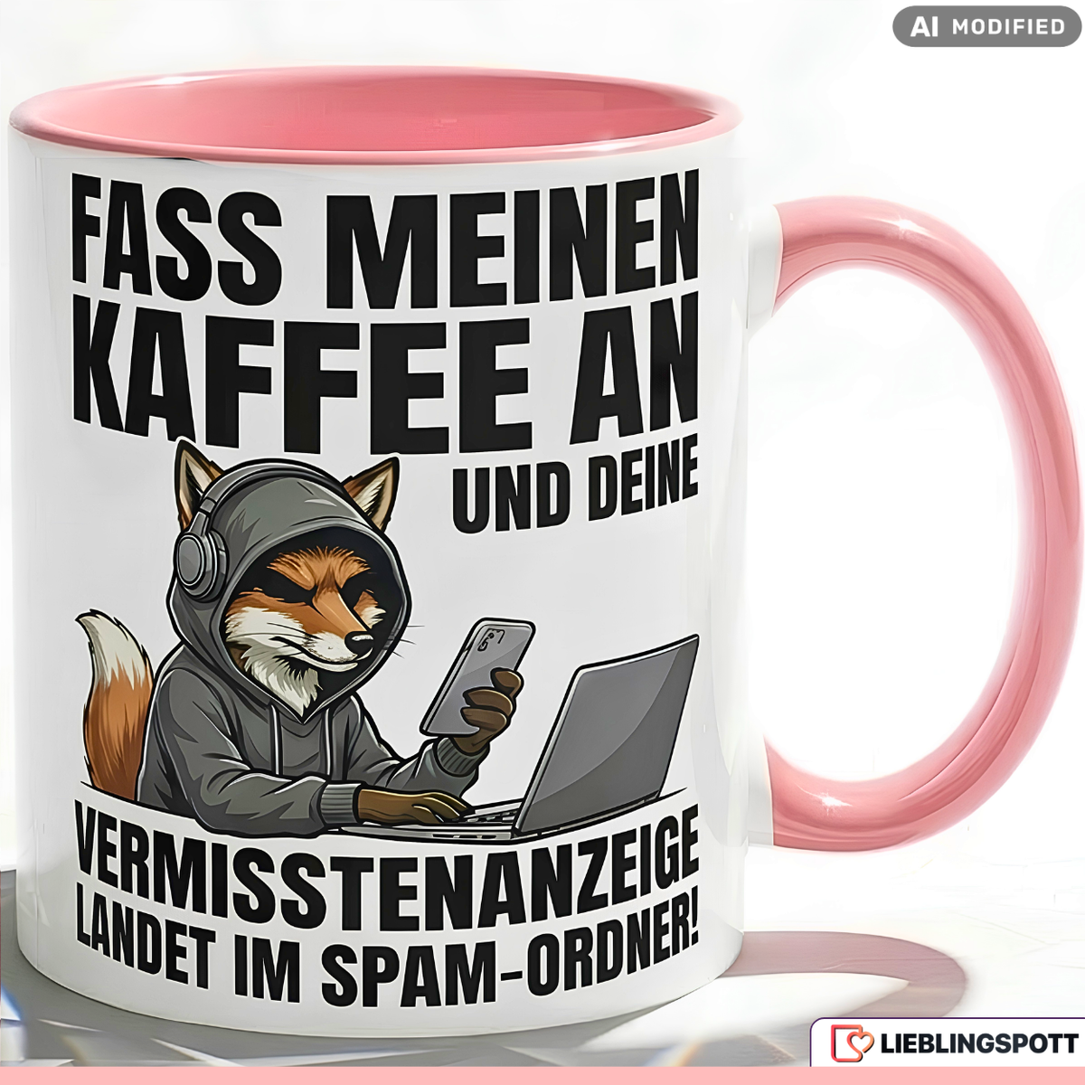 Fuchs Tasse Spruch Fass meinen Kaffee an Vermisstenanzeige landet im Spam-Ordner – Witzige Kaffeetasse Büro Arbeit Job IT Hacker Humor – Geschenk Kollegen – Keramik Becher 330ml