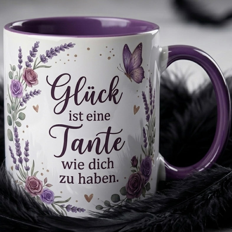 Tante Tasse Spruch Glück ist eine Tante wie dich zu haben – Geschenk für Tante Geburtstag Danke Weihnachten Nichte Neffe – Kaffeetasse Lavendel – Keramik Becher Weiß Lila 330ml