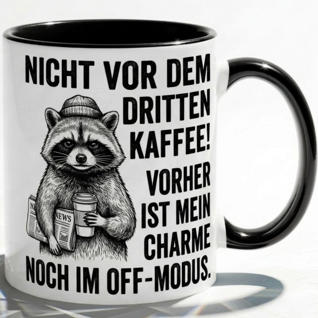 Waschbär Tasse Spruch Nicht vor dem dritten Kaffee Vorher Charme im Off-Modus – Witzige Kaffeetasse Büro Arbeit Job Humor Morgenmuffel – Geschenk Kollegen – Keramik Becher 330ml
