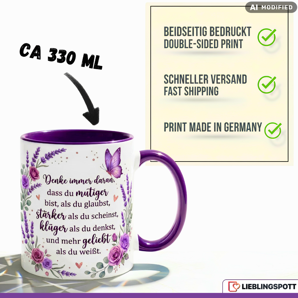 Mut Tasse Spruch Motivation Geschenk Geburtstag Lila Kaffeetasse 330ml