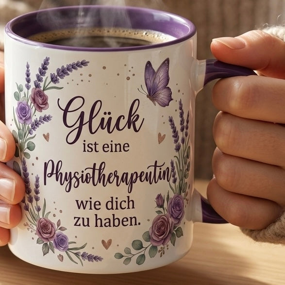 Physiotherapeutin Tasse Spruch Glück ist eine Physiotherapeutin wie dich zu haben – Geschenk Praxis Geburtstag Danke Abschied – Kaffeetasse Lavendel Blumen – Keramik Becher Weiß Lila 330ml