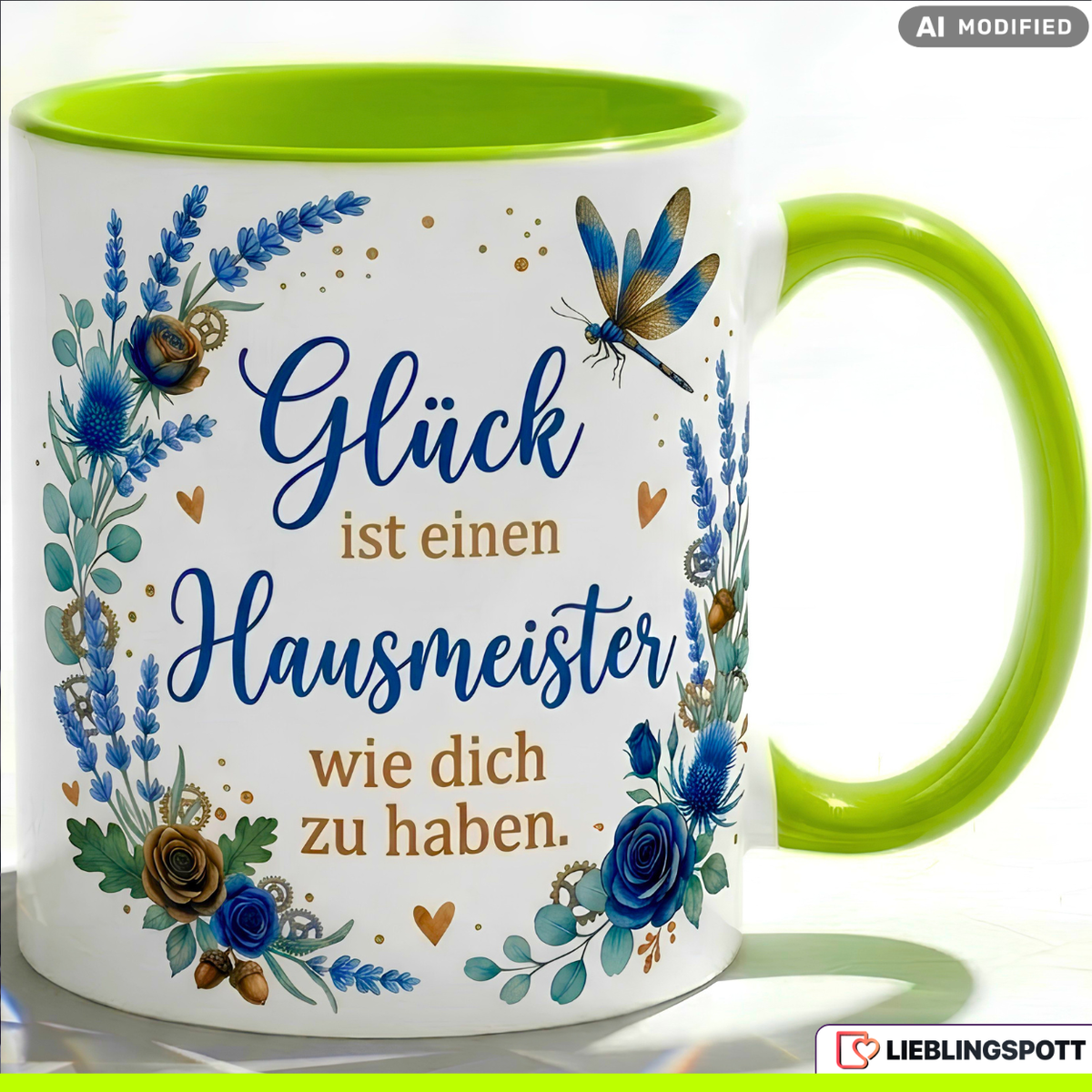 Hausmeister Tasse Spruch Glück Geschenk Danke Geburtstag Blau Becher 330ml