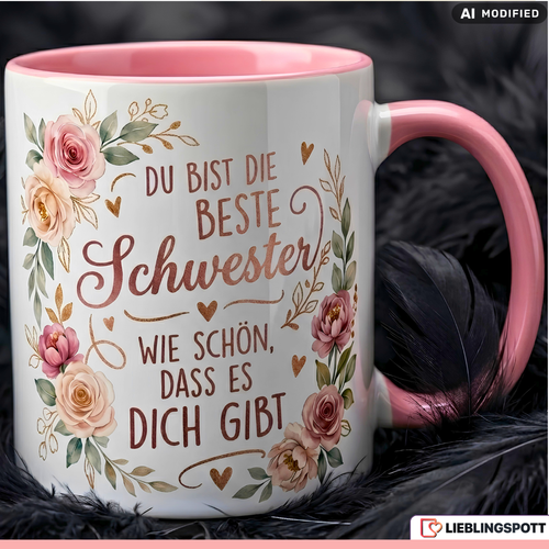 Schwester Tasse Spruch Beste Geschenk Danke Geburtstag Rosa Becher 330ml