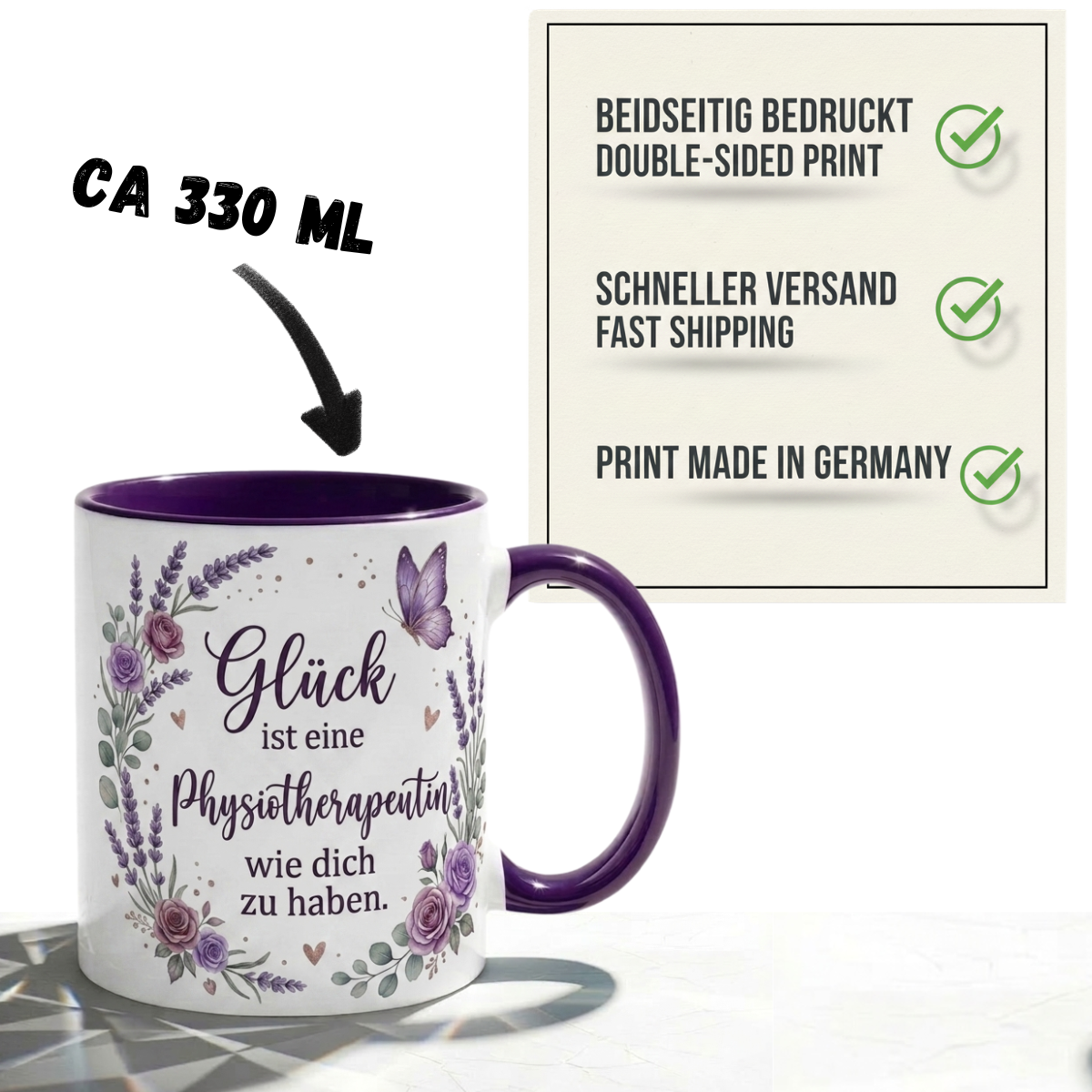 Physiotherapeutin Tasse Spruch Glück ist eine Physiotherapeutin wie dich zu haben – Geschenk Praxis Geburtstag Danke Abschied – Kaffeetasse Lavendel Blumen – Keramik Becher Weiß Lila 330ml