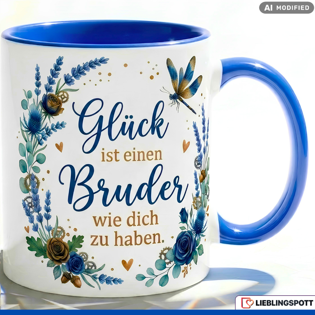 Bruder Tasse Spruch Glück Geschenk Danke Geburtstag Blau Becher 330ml