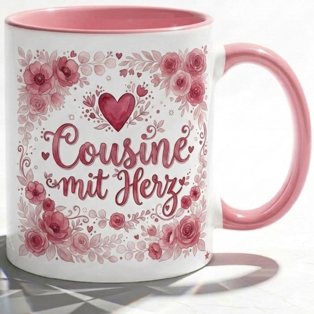 Cousine Tasse Spruch Cousine mit Herz – Geschenk für Cousinen Geburtstag Danke Weihnachten Familie – Kaffeetasse Blumen Rosen – Keramik Becher 330ml