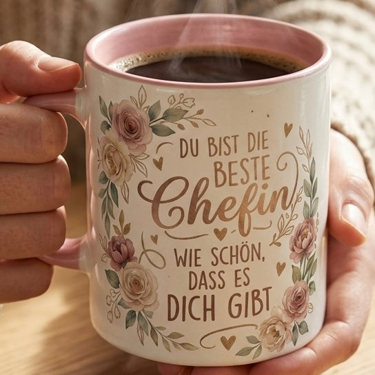 Chefin Tasse Spruch Du bist die beste Chefin Wie schön dass es dich gibt – Geschenk für Vorgesetzte Geburtstag Danke Abschied Weihnachten – Kaffeetasse Blumen – Keramik Becher Weiß Rosa 330ml