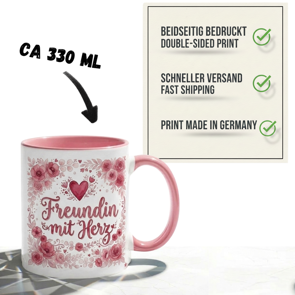 Freundin Tasse Spruch Freundin mit Herz – Geschenk für beste Freundin Geburtstag Danke Weihnachten Abschied – Kaffeetasse Blumenmotiv – Keramik Becher Weiß Lila 330ml