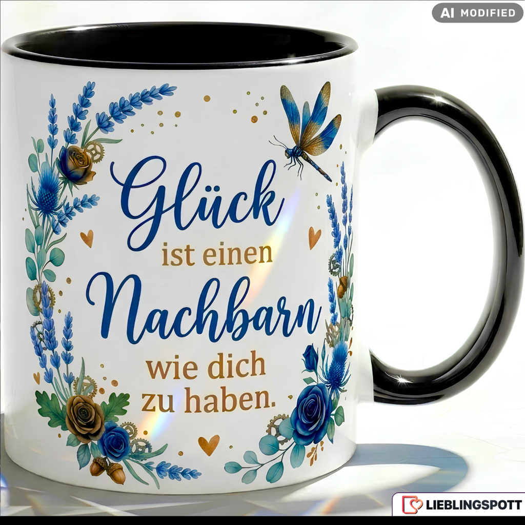 Nachbar Tasse Spruch Glück Geschenk Danke Geburtstag Blau Becher 330ml
