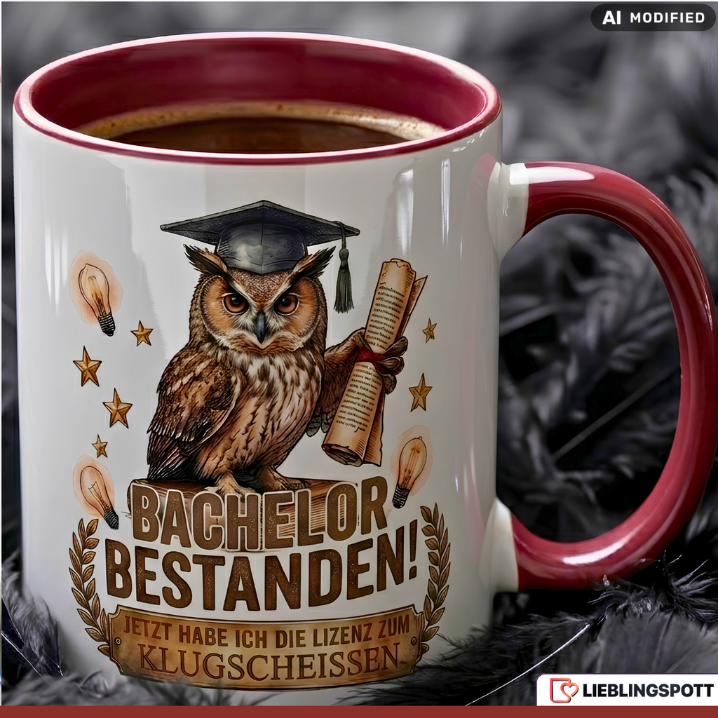 Bachelor Tasse Spruch Bestanden Geschenk Abschluss Schwarz Becher 330ml