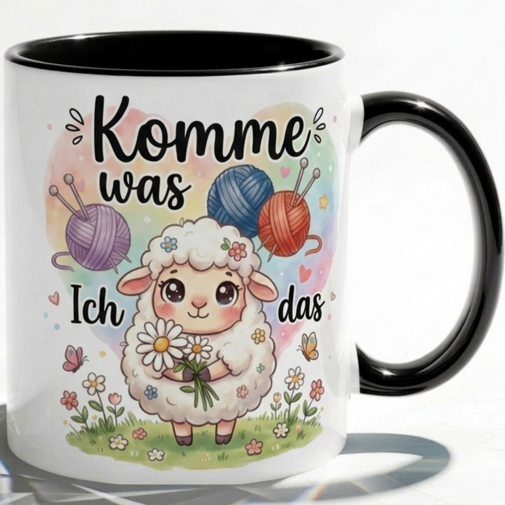 Lustige Schaf Tasse Spruch Komme was wolle Ich schaf das – Witzige Kaffeetasse Stricken Häkeln Wolle Handarbeit Motiv – Geschenk Freundin Geburtstag Mutmacher – Keramik Becher 330ml