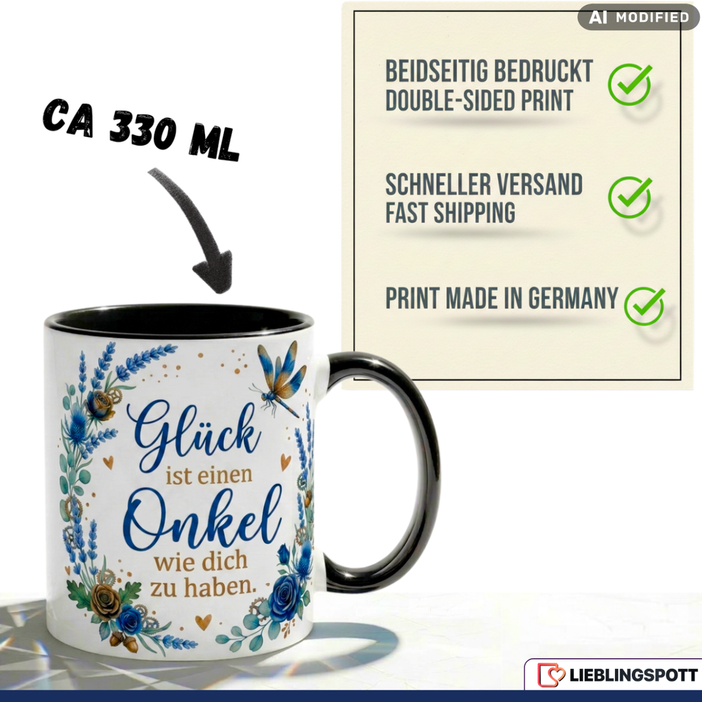 Onkel Tasse Spruch Glück Geschenk Danke Geburtstag Blau Becher 330ml
