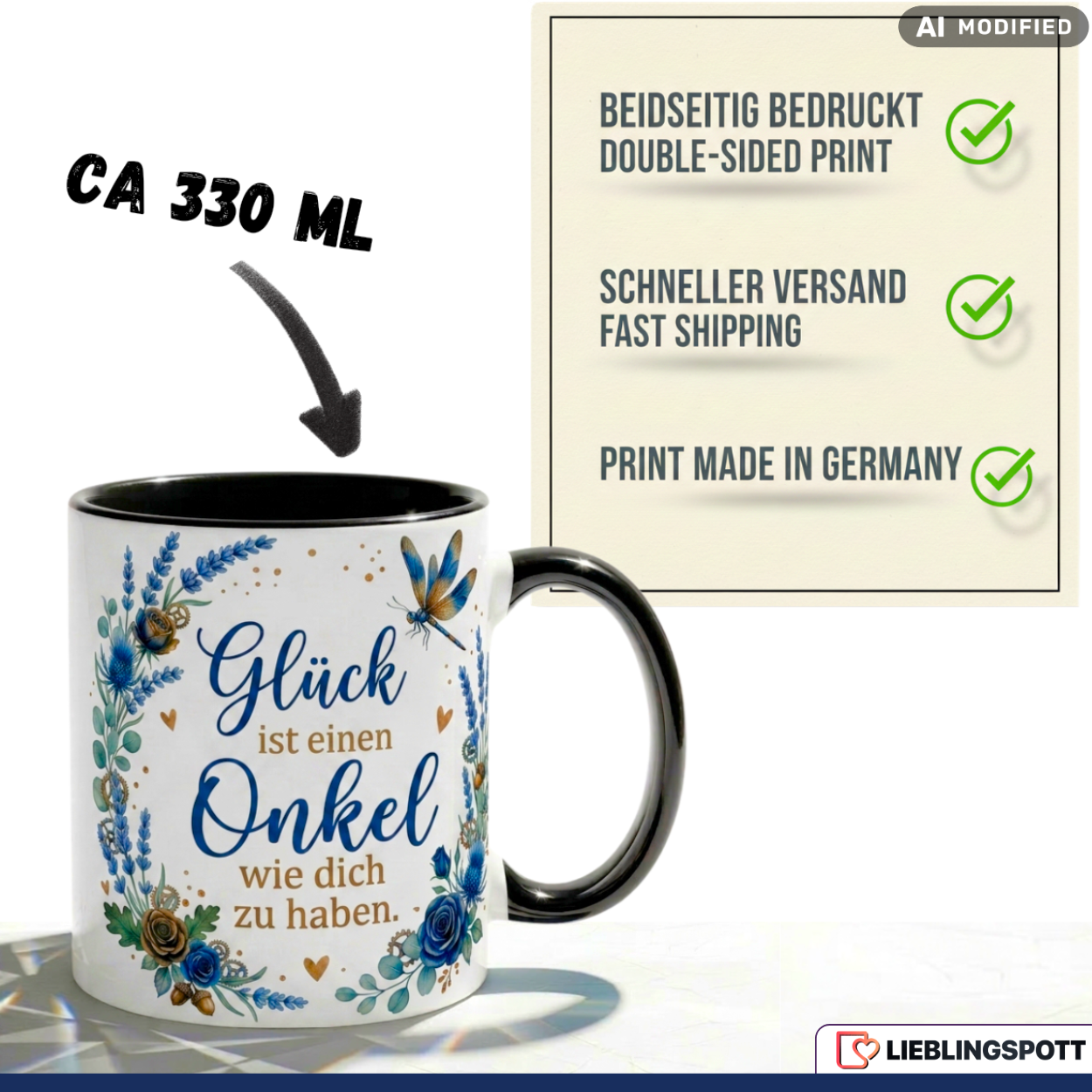 Onkel Tasse Spruch Glück Geschenk Danke Geburtstag Blau Becher 330ml