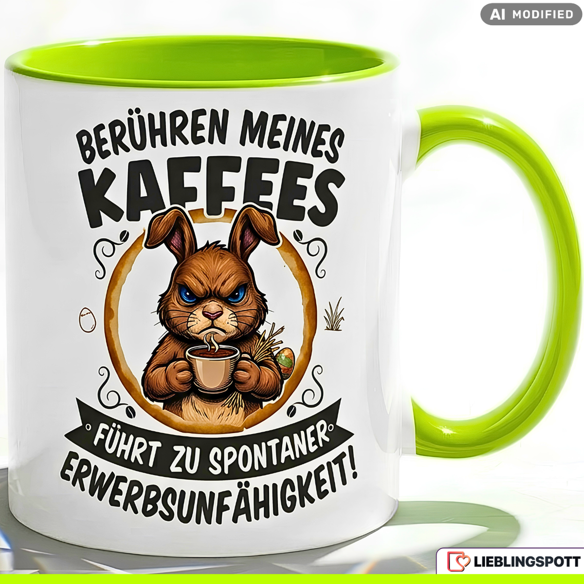 Lustige Hase Tasse Spruch Berühren meines Kaffees führt zu spontaner Erwerbsunfähigkeit – Witzige Kaffeetasse Büro Arbeit Job Humor Morgenmuffel – Geschenk Kollegen – Keramik Becher 330ml