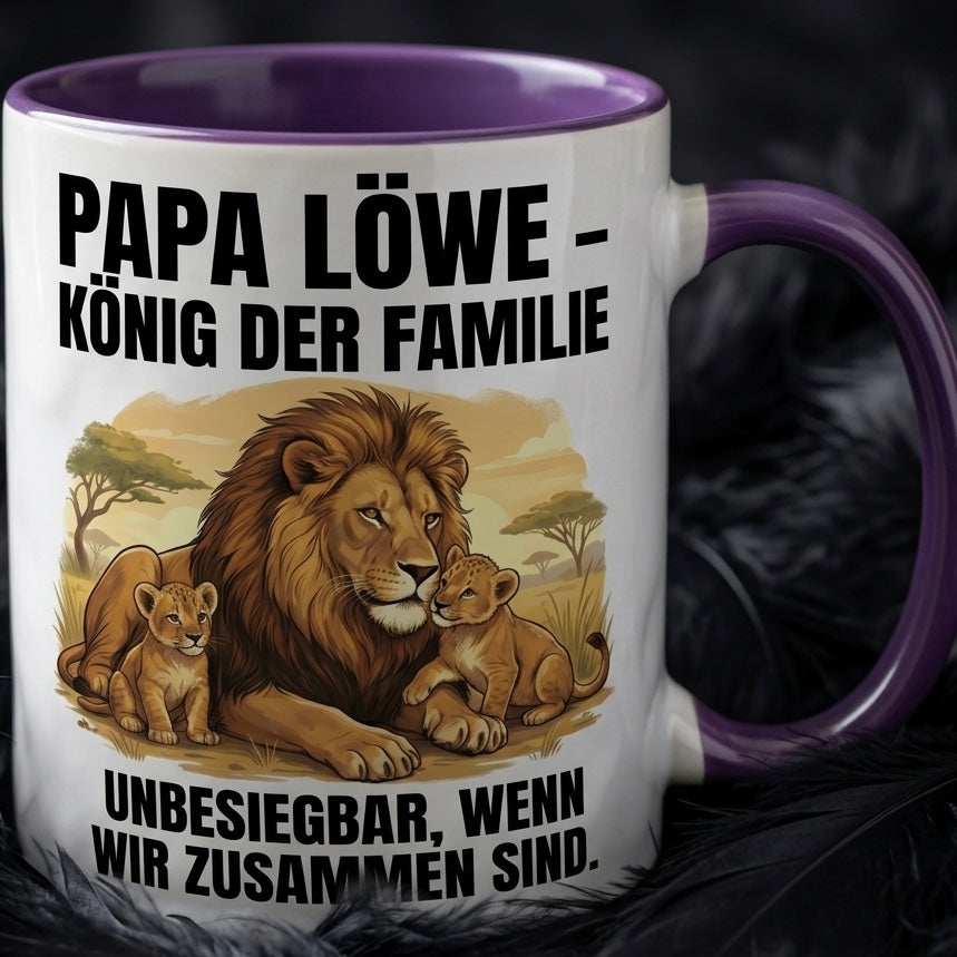 Papa Tasse Spruch Papa Löwe König der Familie Unbesiegbar wenn wir zusammen sind – Geschenk für Vater zum Vatertag Geburtstag Weihnachten – Kaffeetasse Löwen Motiv – Keramik Becher Weiß Schwarz 330ml