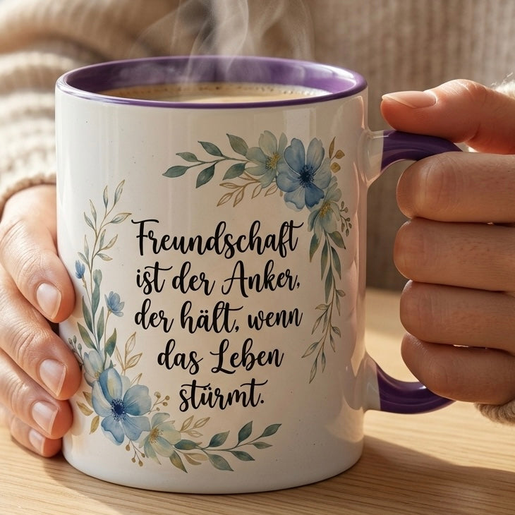 Freundschaft Tasse Spruch Freundschaft ist der Anker der hält wenn das Leben stürmt – Geschenk beste Freundin Geburtstag Abschied Danke – Kaffeetasse Blumen – Keramik Becher 330ml
