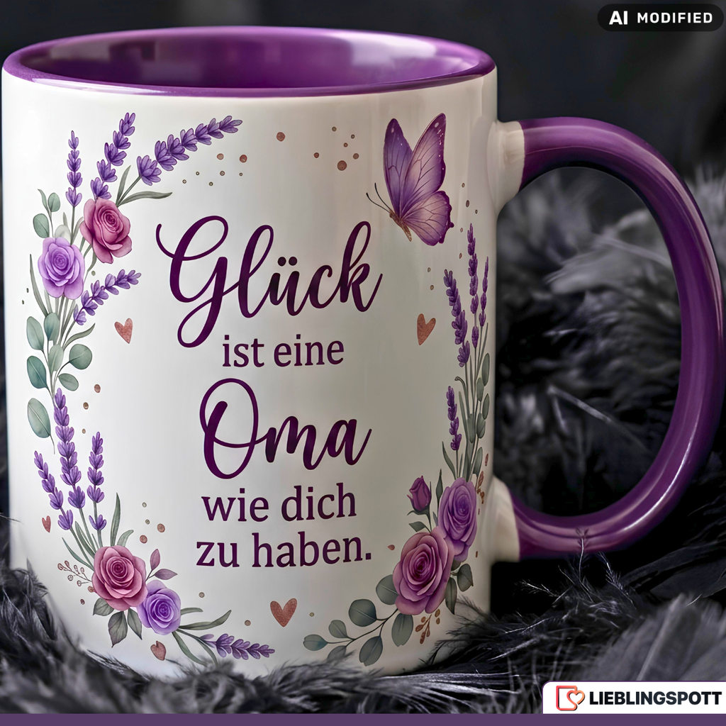 Oma Tasse Spruch Glück Geschenk Danke Geburtstag Lila Becher 330ml