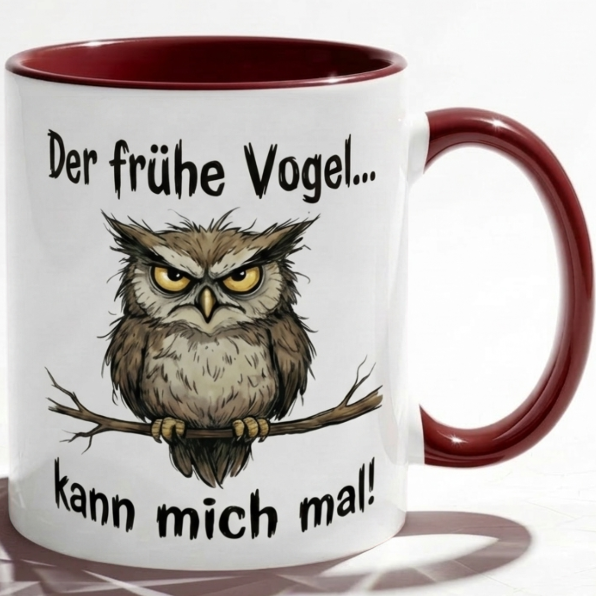 Eule Tasse Spruch Der frühe Vogel kann mich mal – Witzige Kaffeetasse Büro Arbeit Job Morgenmuffel Humor – Geschenk Kollegen Chef – Keramik Becher 330ml