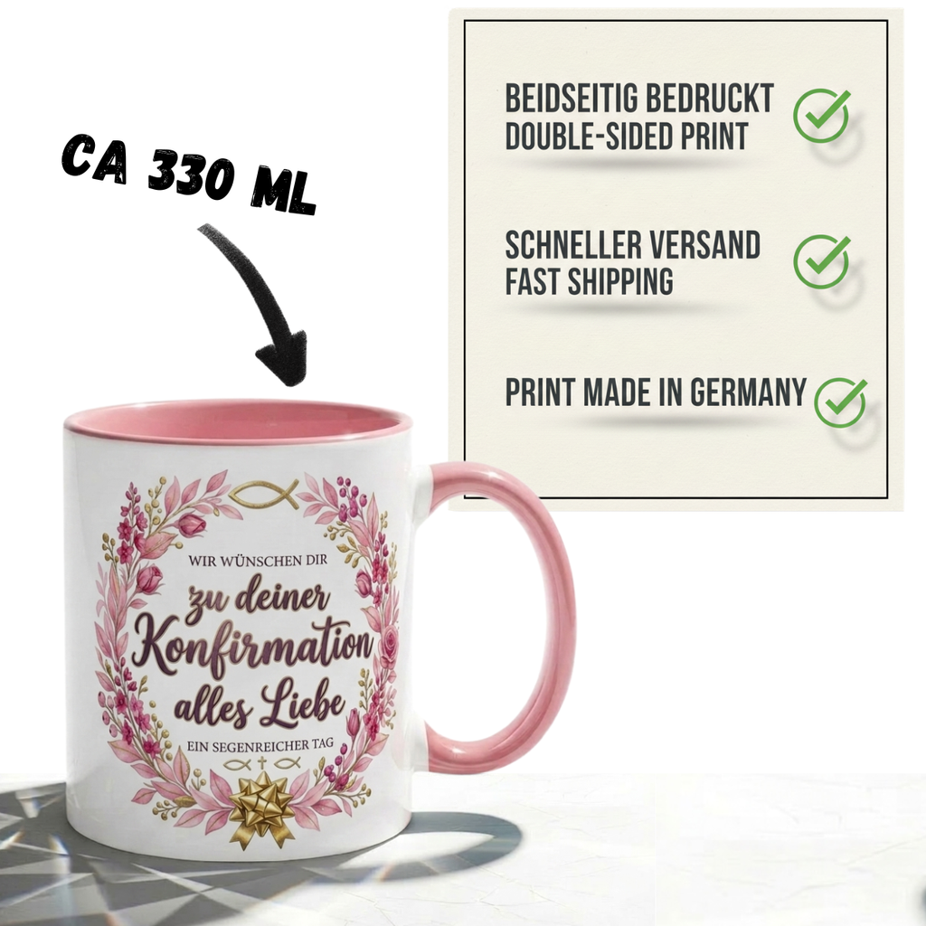 Konfirmation Tasse Spruch Wir wünschen dir zu deiner Konfirmation alles Liebe – Christliches Geschenk für Mädchen Teenager Patenkind 2027 – Kaffeetasse Blumen – Keramik Becher Weiß Rosa 330m
