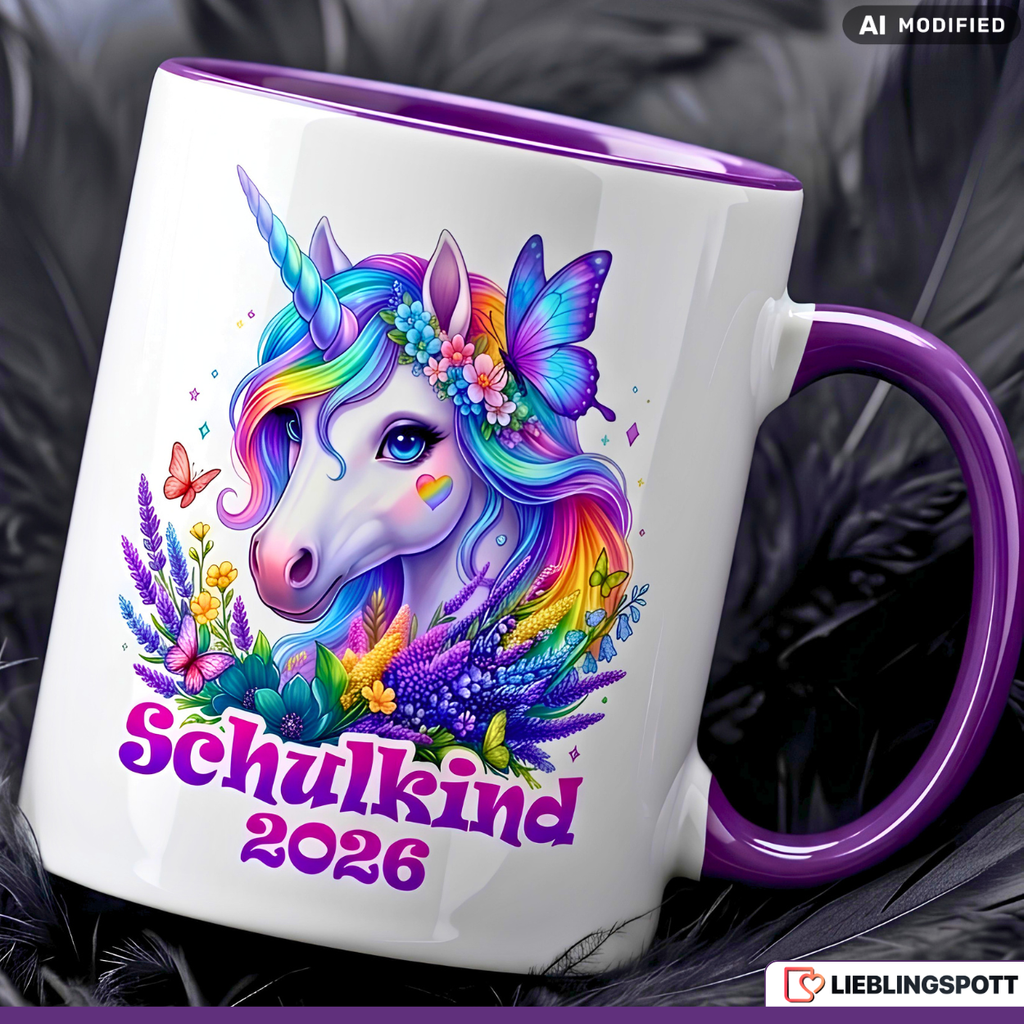 Schulkind Tasse Einhorn Geschenk Einschulung 2026 Lila Becher 330ml