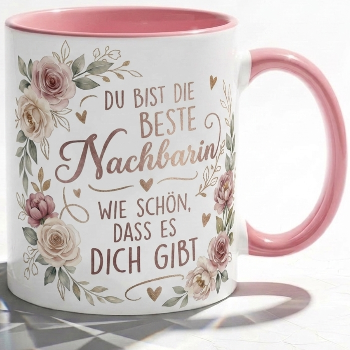 Nachbarin Tasse Spruch Du bist die beste Nachbarin Wie schön dass es dich gibt – Geschenk Nachbarschaft Geburtstag Danke Abschied Umzug – Kaffeetasse Blumen – Keramik Becher 330ml