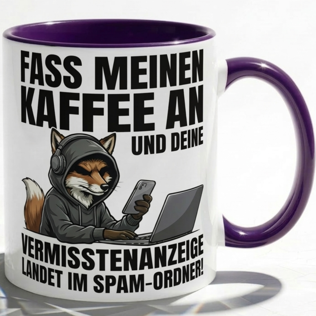 Fuchs Tasse Spruch Fass meinen Kaffee an Vermisstenanzeige landet im Spam-Ordner – Witzige Kaffeetasse Büro Arbeit Job IT Hacker Humor – Geschenk Kollegen – Keramik Becher 330ml