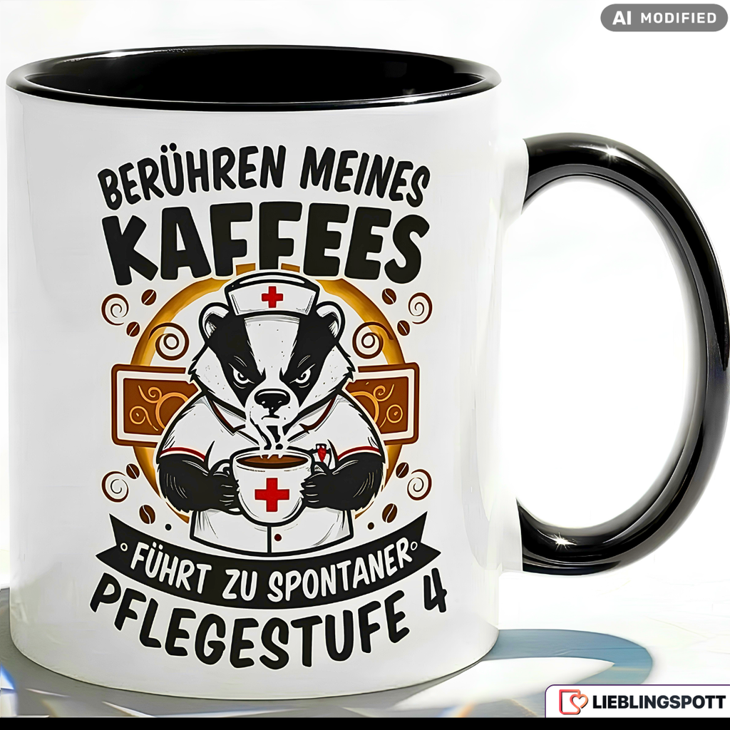 Lustige Dachs Tasse Spruch Berühren meines Kaffees führt zu spontaner Pflegestufe 4 – Witzige Kaffeetasse Pflegekraft Krankenschwester Pfleger – Geschenk Krankenhaus Altenpflege – Keramik 330ml