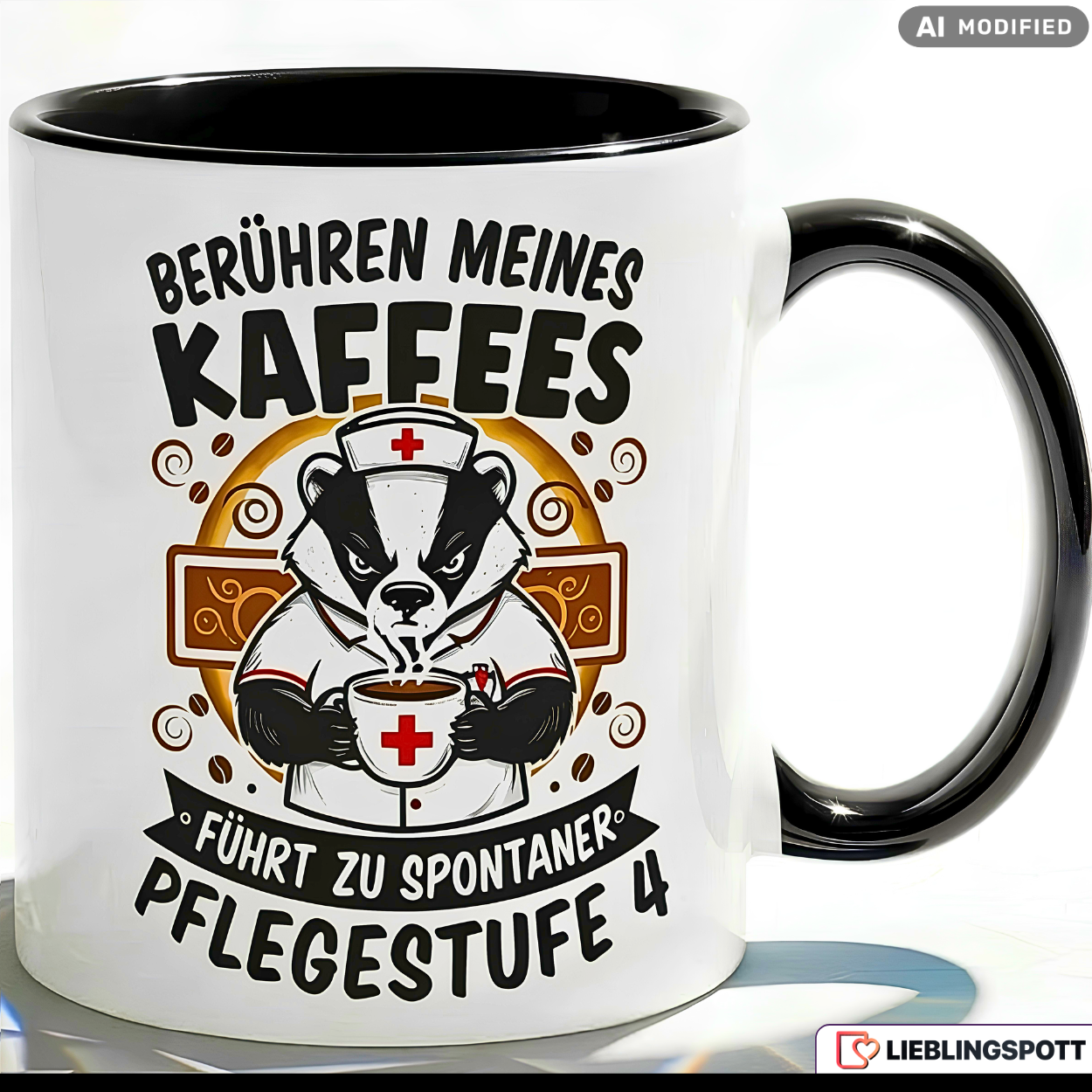 Lustige Dachs Tasse Spruch Berühren meines Kaffees führt zu spontaner Pflegestufe 4 – Witzige Kaffeetasse Pflegekraft Krankenschwester Pfleger – Geschenk Krankenhaus Altenpflege – Keramik 330ml