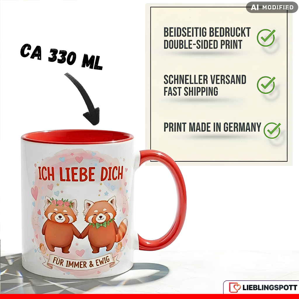 Roter Panda Tasse Spruch Ich liebe dich Geschenk Rosa Becher 330ml