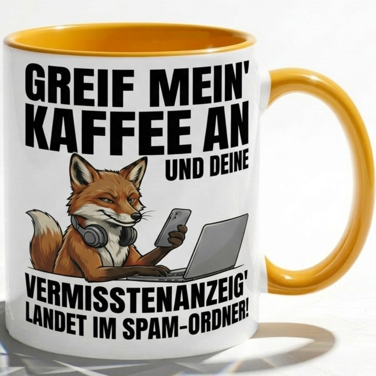 Lustige Fuchs Tasse Spruch Greif mein Kaffee an Vermisstenanzeig landet im Spam-Ordner – Witzige Kaffeetasse Büro Arbeit Job IT Hacker Humor – Geschenk Kollegen – Keramik Becher 330ml