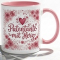 Patentante Tasse Spruch Patentante mit Herz – Geschenk für Patin Geburtstag Danke Taufe Kommunion Weihnachten Patenkind – Kaffeetasse Blumenmotiv – Keramik Becher Weiß Rosa 330ml