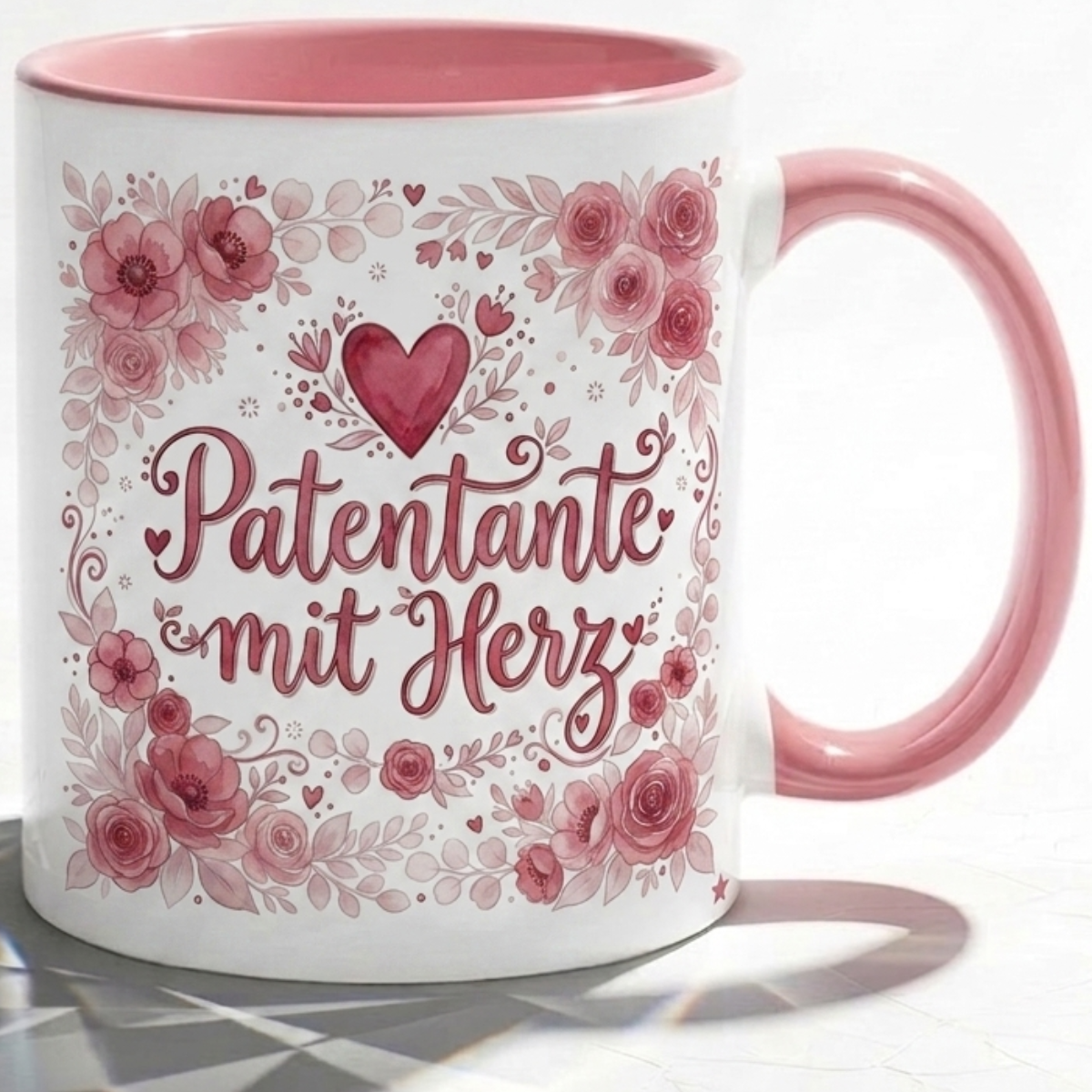Patentante Tasse Spruch Patentante mit Herz – Geschenk für Patin Geburtstag Danke Taufe Kommunion Weihnachten Patenkind – Kaffeetasse Blumenmotiv – Keramik Becher Weiß Rosa 330ml