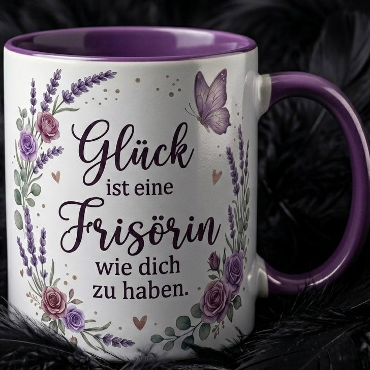 Frisörin Tasse Spruch Glück ist eine Frisörin wie dich zu haben – Geschenk Friseurin Salon Geburtstag Danke Abschied – Kaffeetasse Lavendel – Keramik Becher Weiß Rosa 330ml