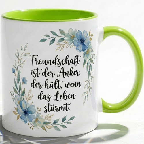 Freundschaft Tasse Spruch Freundschaft ist der Anker der hält wenn das Leben stürmt – Geschenk beste Freundin Geburtstag Abschied Danke – Kaffeetasse Blumen – Keramik Becher 330ml