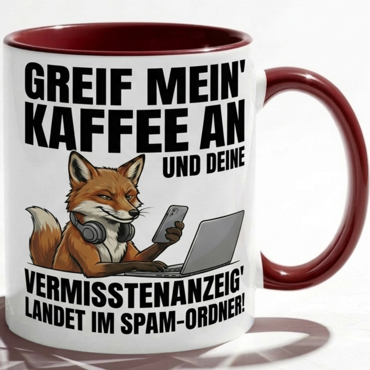 Lustige Fuchs Tasse Spruch Greif mein Kaffee an Vermisstenanzeig landet im Spam-Ordner – Witzige Kaffeetasse Büro Arbeit Job IT Hacker Humor – Geschenk Kollegen – Keramik Becher 330ml