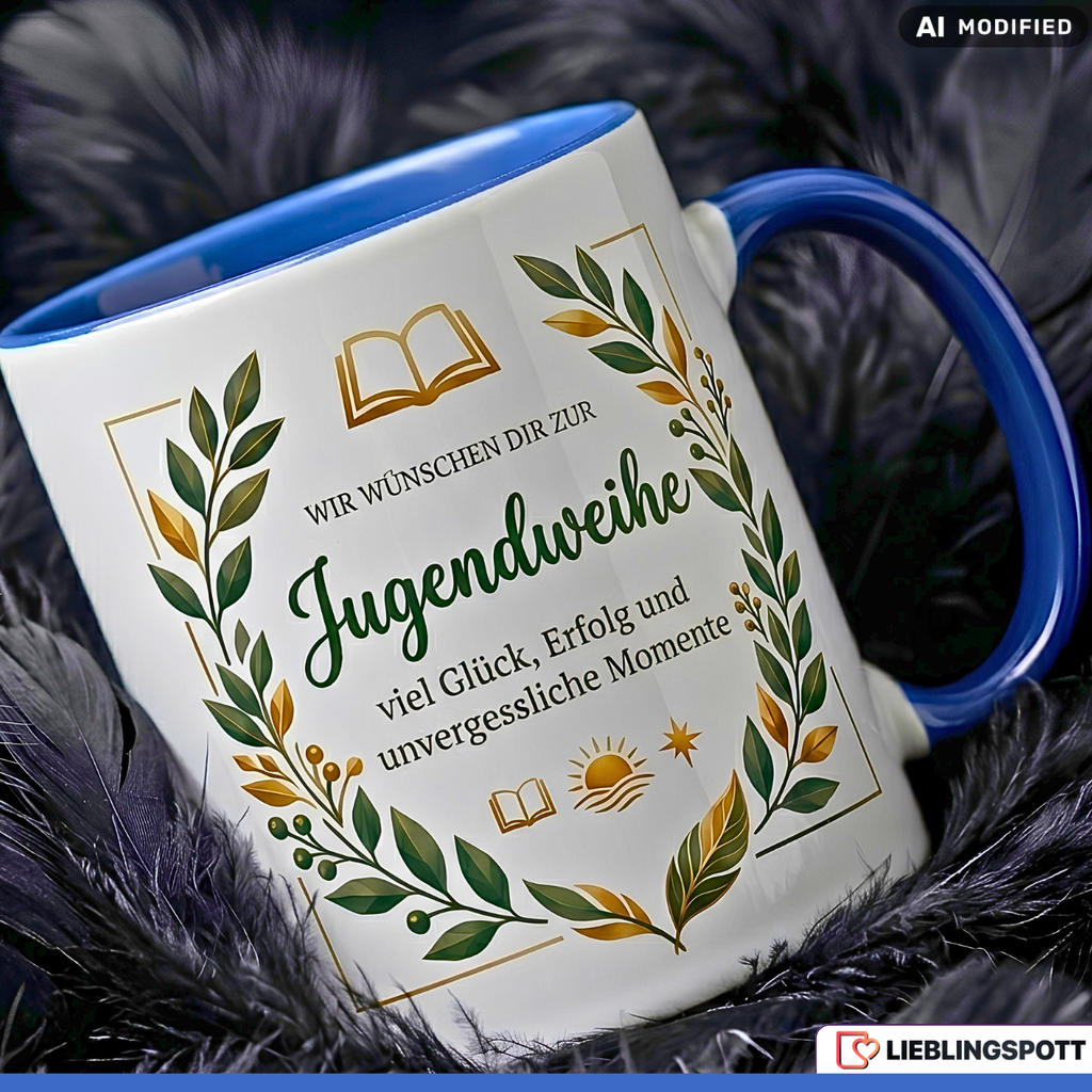 Jugendweihe Tasse Spruch Geschenk viel Glück Junge Blauer Becher 330ml