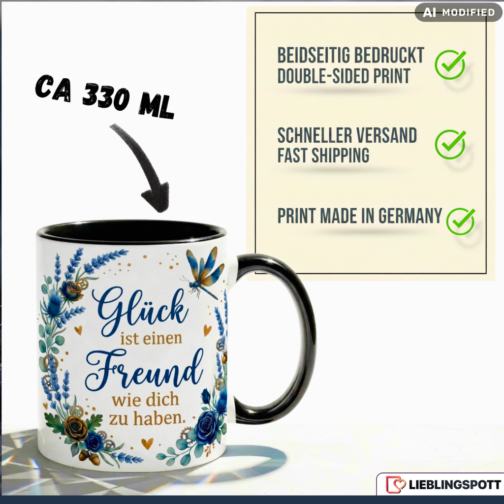 Freund Tasse Spruch Glück Geschenk Bester Danke Geburtstag Blau Becher 330ml