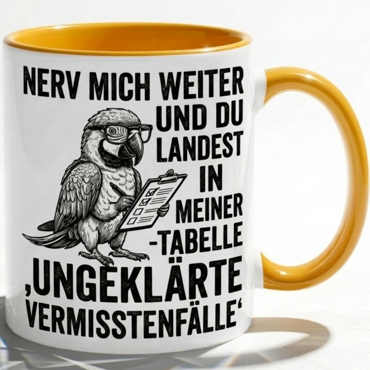 Lustige Papagei Tasse Spruch Nerv mich weiter und du landest in meiner Tabelle – Witzige Kaffeetasse Büro Arbeit Job Finanzen Controlling – Geschenk Kollegen – Keramik 330ml