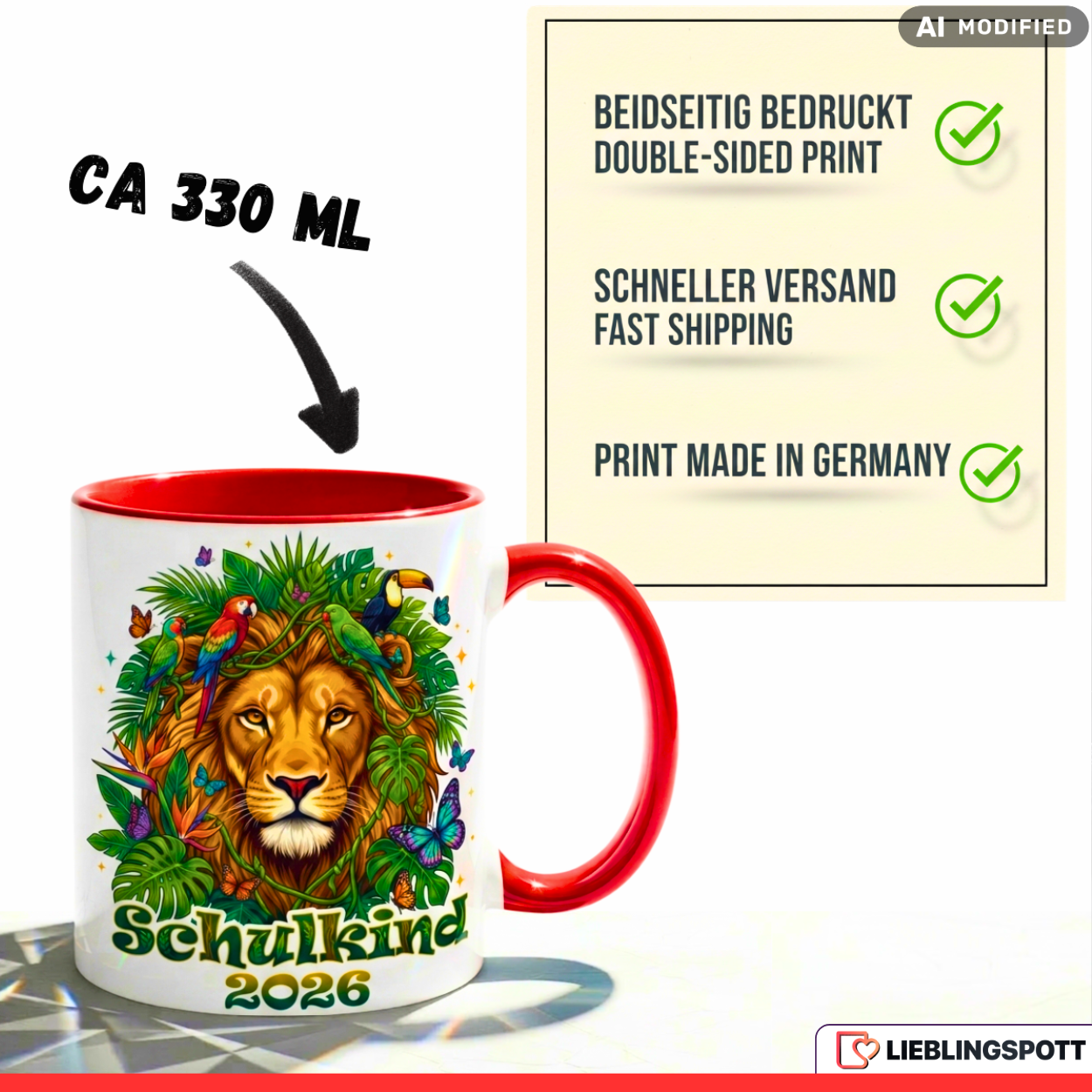Schulkind Tasse Löwe Geschenk Einschulung 2026 Dschungel Rot Becher 330ml