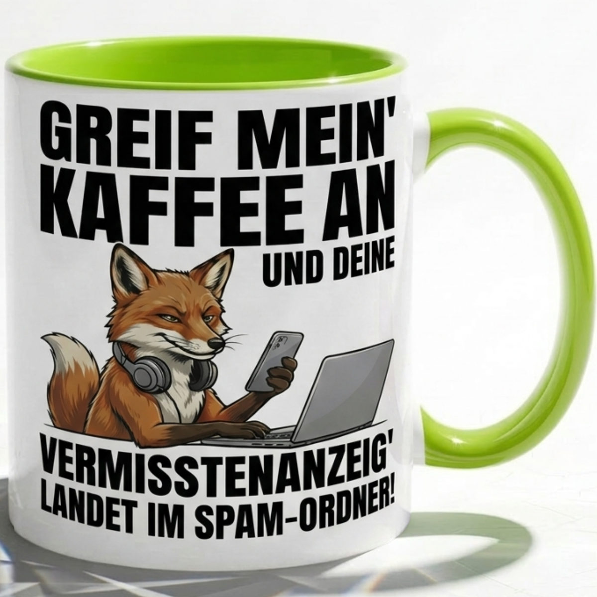 Lustige Fuchs Tasse Spruch Greif mein Kaffee an Vermisstenanzeig landet im Spam-Ordner – Witzige Kaffeetasse Büro Arbeit Job IT Hacker Humor – Geschenk Kollegen – Keramik Becher 330ml