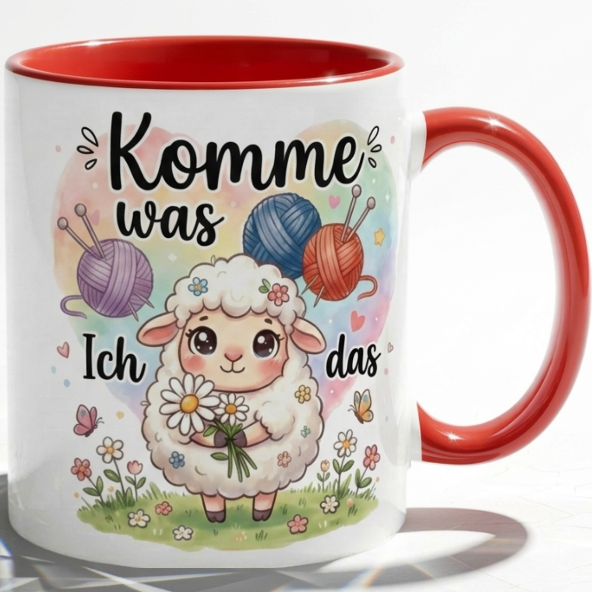 Lustige Schaf Tasse Spruch Komme was wolle Ich schaf das – Witzige Kaffeetasse Stricken Häkeln Wolle Handarbeit Motiv – Geschenk Freundin Geburtstag Mutmacher – Keramik Becher 330ml